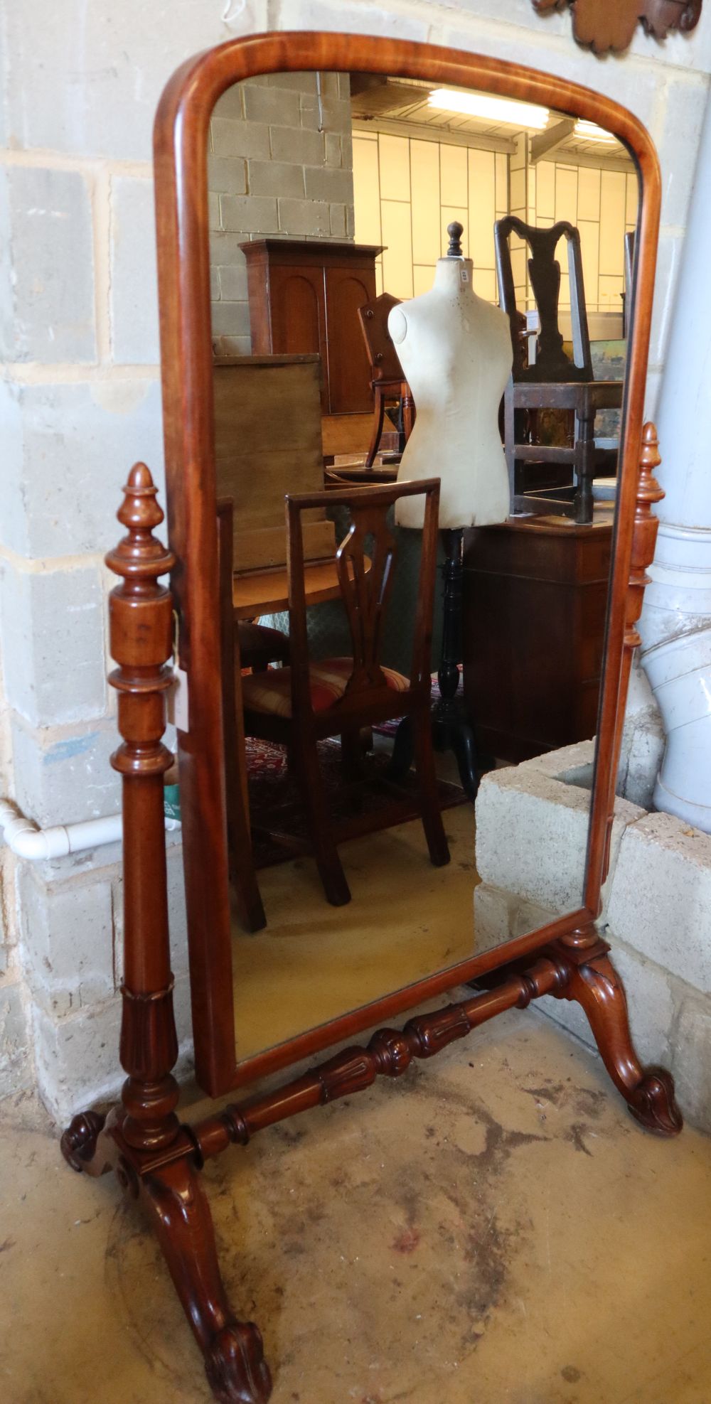A Victorian cheval mirror, width 88cm, height 150cm